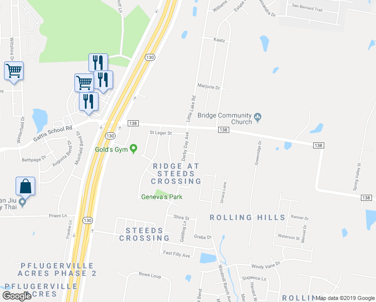 map of restaurants, bars, coffee shops, grocery stores, and more near 21317 Derby Day Avenue in Pflugerville