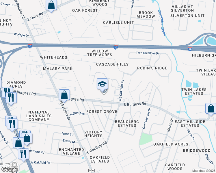 map of restaurants, bars, coffee shops, grocery stores, and more near 150 East Burgess Road in Pensacola
