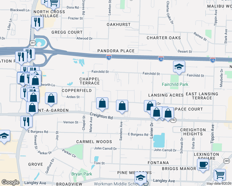 map of restaurants, bars, coffee shops, grocery stores, and more near 1490 Lansing Drive in Pensacola