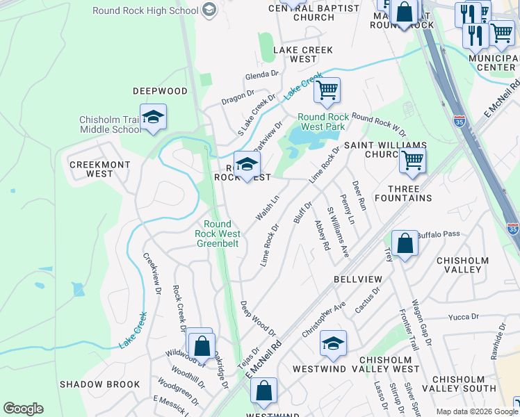 map of restaurants, bars, coffee shops, grocery stores, and more near 1204 Walsh Lane in Round Rock