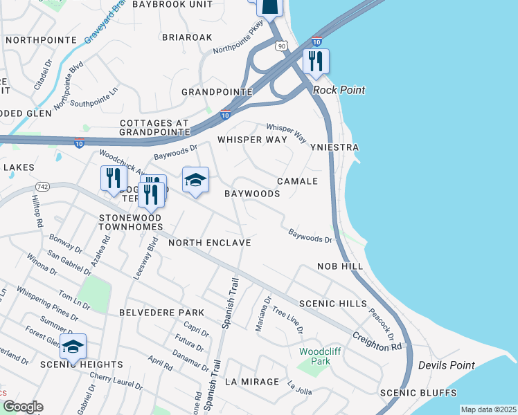 map of restaurants, bars, coffee shops, grocery stores, and more near 4555 Baywoods Court in Pensacola