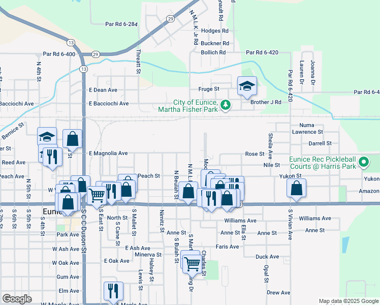 map of restaurants, bars, coffee shops, grocery stores, and more near 500 North Martin Luther King Junior Road in Eunice