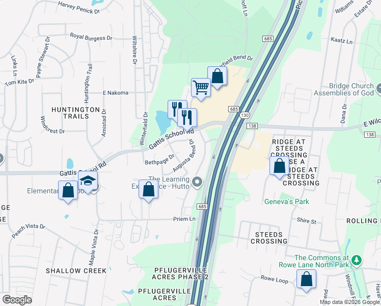 map of restaurants, bars, coffee shops, grocery stores, and more near 1521 Augusta Bend Drive in Hutto