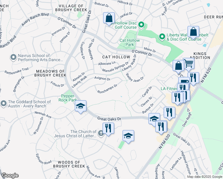 map of restaurants, bars, coffee shops, grocery stores, and more near 6024 Ron Champs Drive in Round Rock