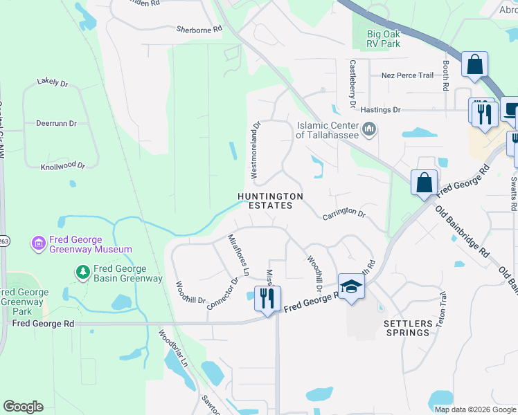 map of restaurants, bars, coffee shops, grocery stores, and more near 3600 Woodhill Drive in Tallahassee