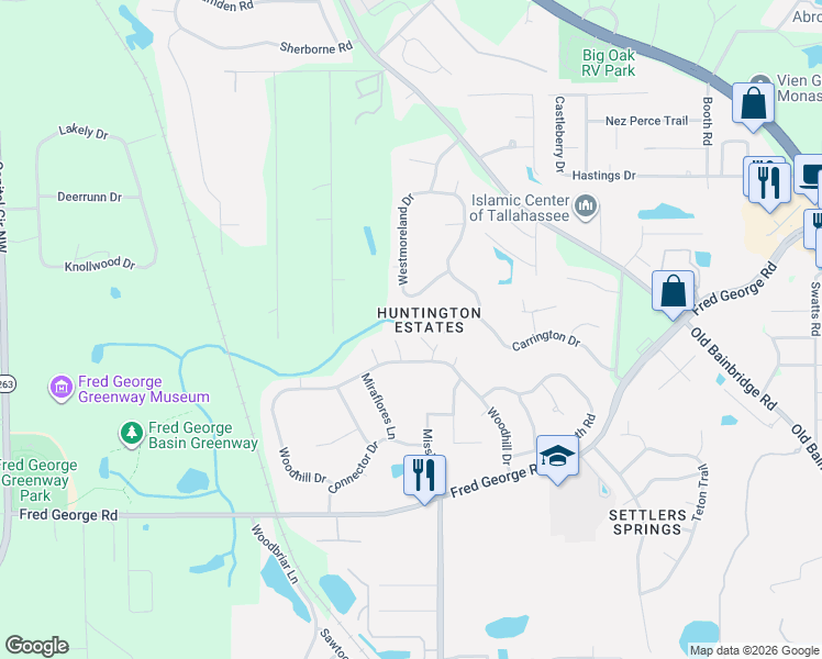 map of restaurants, bars, coffee shops, grocery stores, and more near 3600 Woodhill Drive in Tallahassee