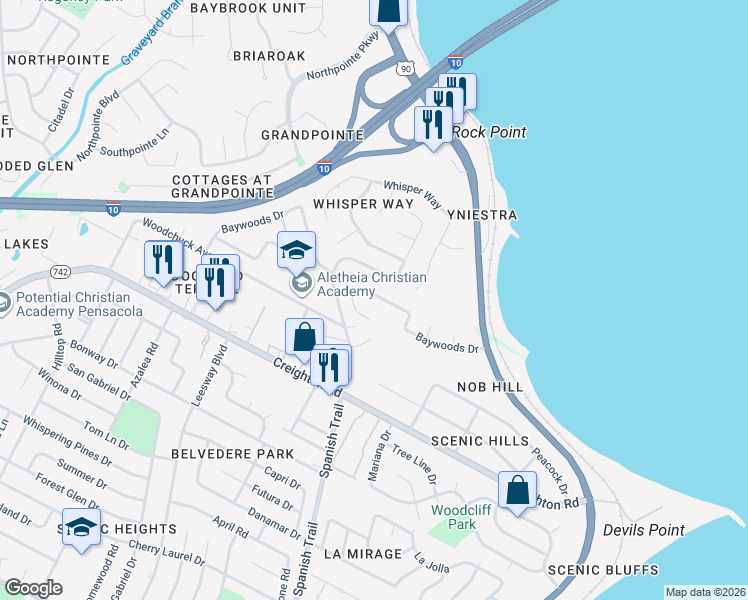 map of restaurants, bars, coffee shops, grocery stores, and more near 4555 Baywoods Court in Pensacola