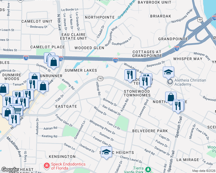 map of restaurants, bars, coffee shops, grocery stores, and more near 6275 San Monica Road in Pensacola