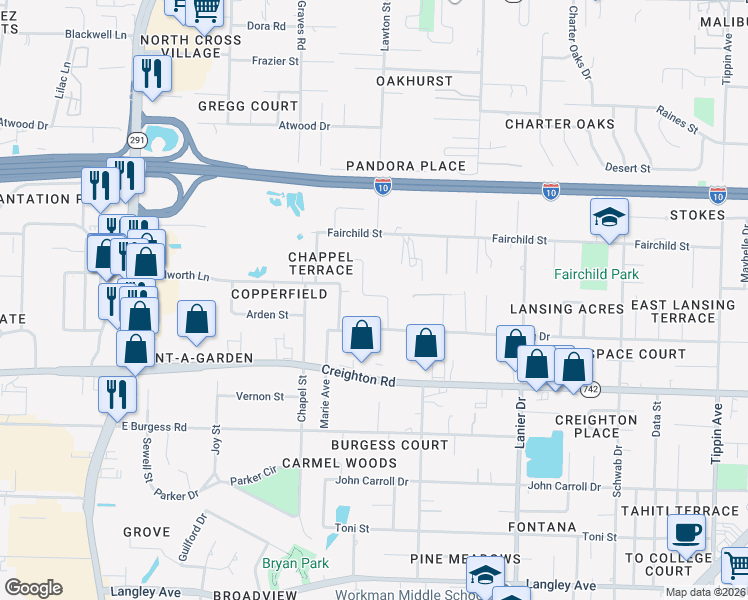 map of restaurants, bars, coffee shops, grocery stores, and more near 1324 Lansing Drive in Pensacola