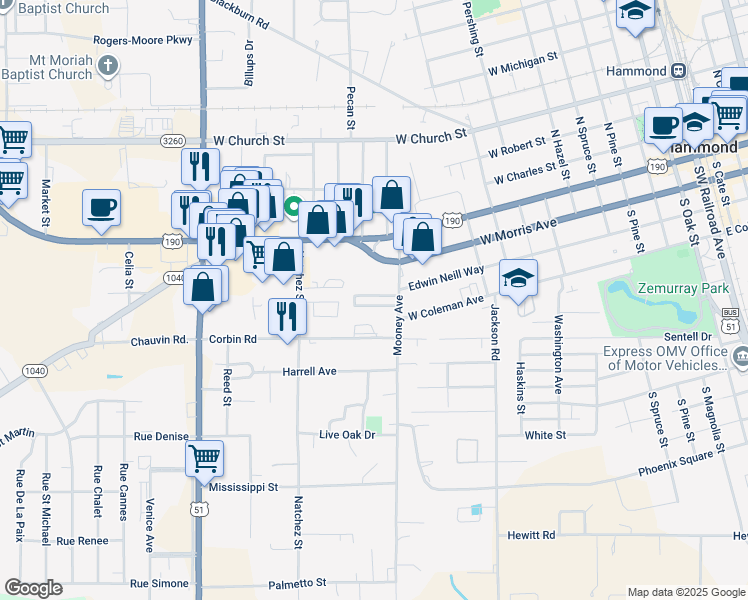 map of restaurants, bars, coffee shops, grocery stores, and more near 1406 Corbin Road in Hammond