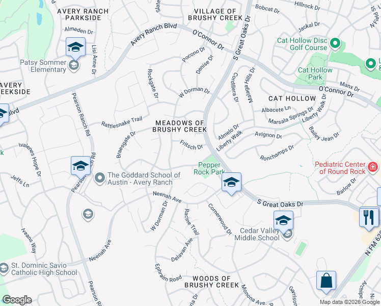 map of restaurants, bars, coffee shops, grocery stores, and more near 8608 Pepper Rock Drive in Austin