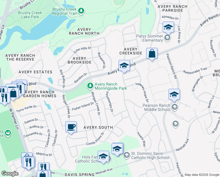 map of restaurants, bars, coffee shops, grocery stores, and more near 9800 Pasatiempo Drive in Austin