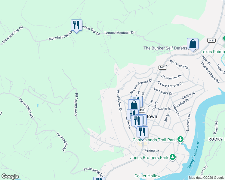 map of restaurants, bars, coffee shops, grocery stores, and more near 10910 West Lakeview Drive in Jonestown