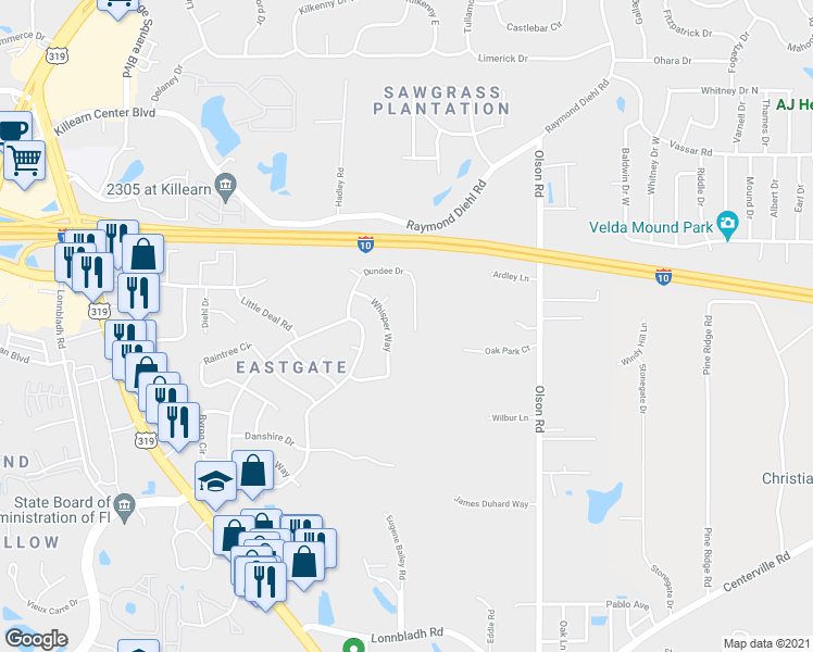 map of restaurants, bars, coffee shops, grocery stores, and more near 2515 Dundee Drive in Tallahassee
