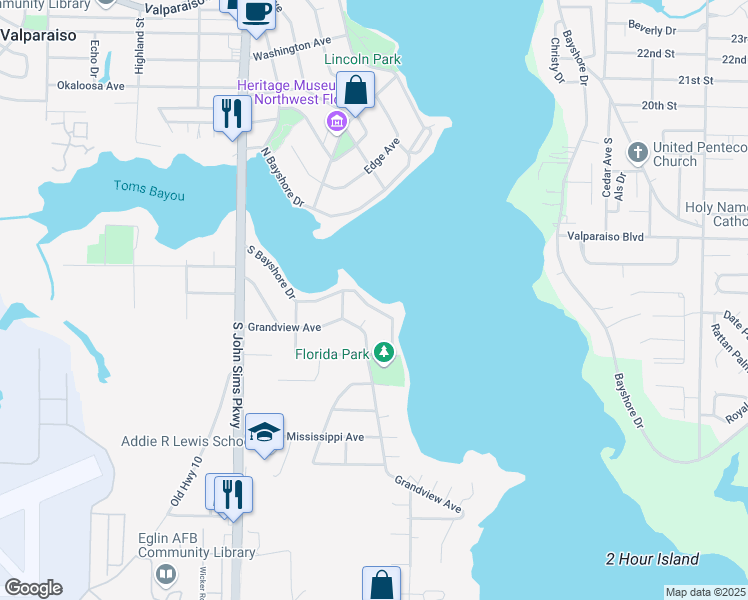map of restaurants, bars, coffee shops, grocery stores, and more near 243 South Bayshore Drive in Valparaiso