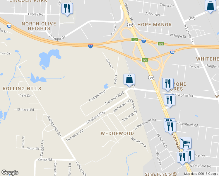 map of restaurants, bars, coffee shops, grocery stores, and more near 967 Capitol Boulevard in Pensacola