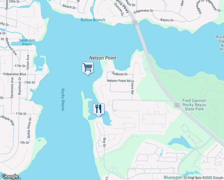 map of restaurants, bars, coffee shops, grocery stores, and more near 109 Oak Shores Drive in Niceville