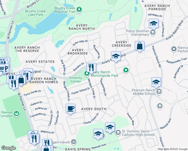 map of restaurants, bars, coffee shops, grocery stores, and more near 15617 Pumpkin Ridge Drive in Austin