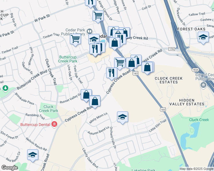 map of restaurants, bars, coffee shops, grocery stores, and more near 351 Cypress Creek Road in Cedar Park