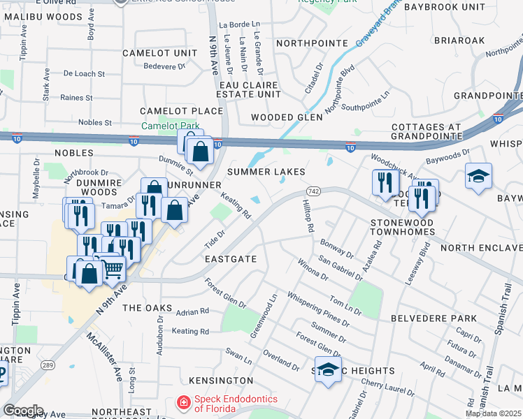 map of restaurants, bars, coffee shops, grocery stores, and more near 3320 Creighton Road in Pensacola