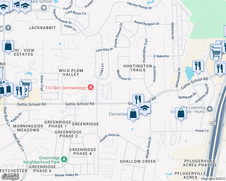 map of restaurants, bars, coffee shops, grocery stores, and more near 20609 Poppy Hills Trail in Round Rock