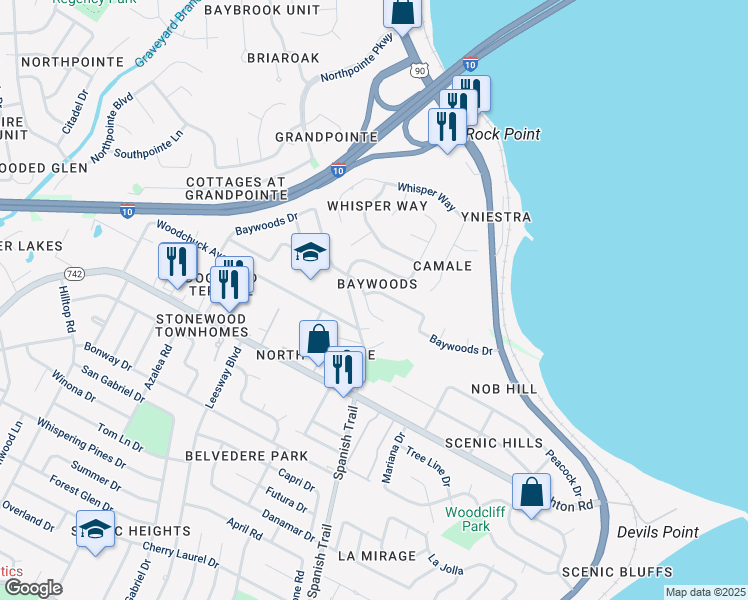map of restaurants, bars, coffee shops, grocery stores, and more near 7376 Baywoods Lane in Pensacola
