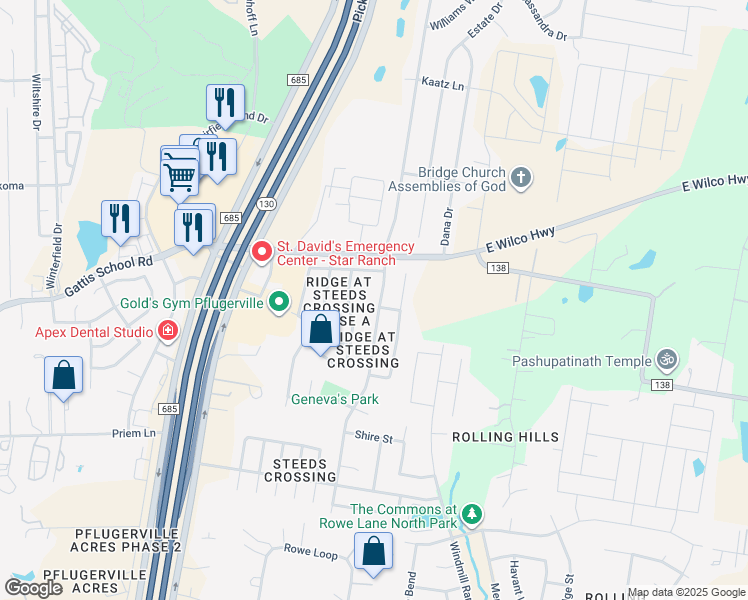 map of restaurants, bars, coffee shops, grocery stores, and more near 21408 Derby Day Avenue in Pflugerville