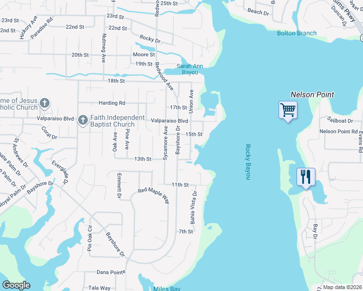 map of restaurants, bars, coffee shops, grocery stores, and more near 2159 Bayshore Drive in Niceville