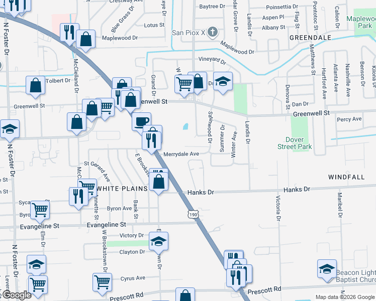 map of restaurants, bars, coffee shops, grocery stores, and more near 6475 Merrydale Avenue in Baton Rouge