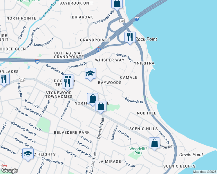 map of restaurants, bars, coffee shops, grocery stores, and more near 7376 Baywoods Lane in Pensacola