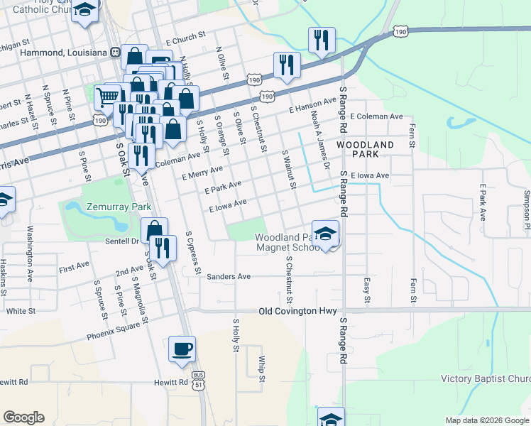 map of restaurants, bars, coffee shops, grocery stores, and more near 600 East Iowa Avenue in Hammond