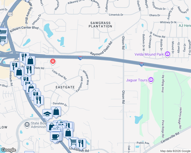 map of restaurants, bars, coffee shops, grocery stores, and more near 2516 Dundee Drive in Tallahassee