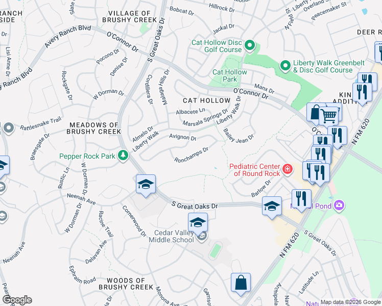 map of restaurants, bars, coffee shops, grocery stores, and more near 6025 Ron Champs Drive in Round Rock