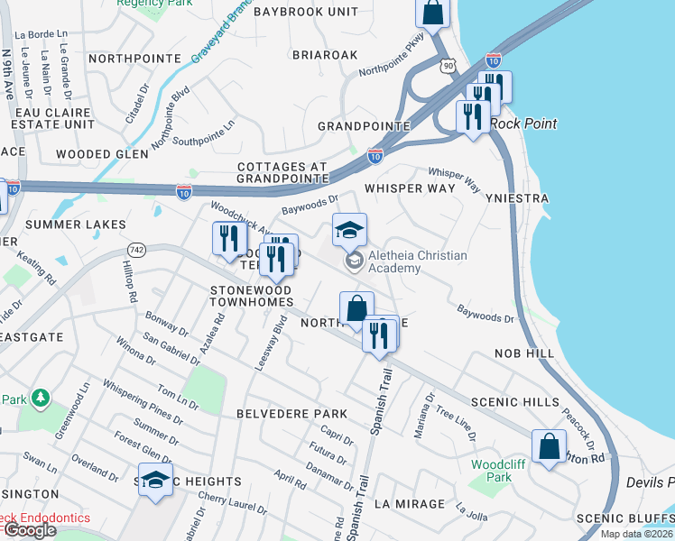 map of restaurants, bars, coffee shops, grocery stores, and more near 1623 Woodchuck Avenue in Pensacola