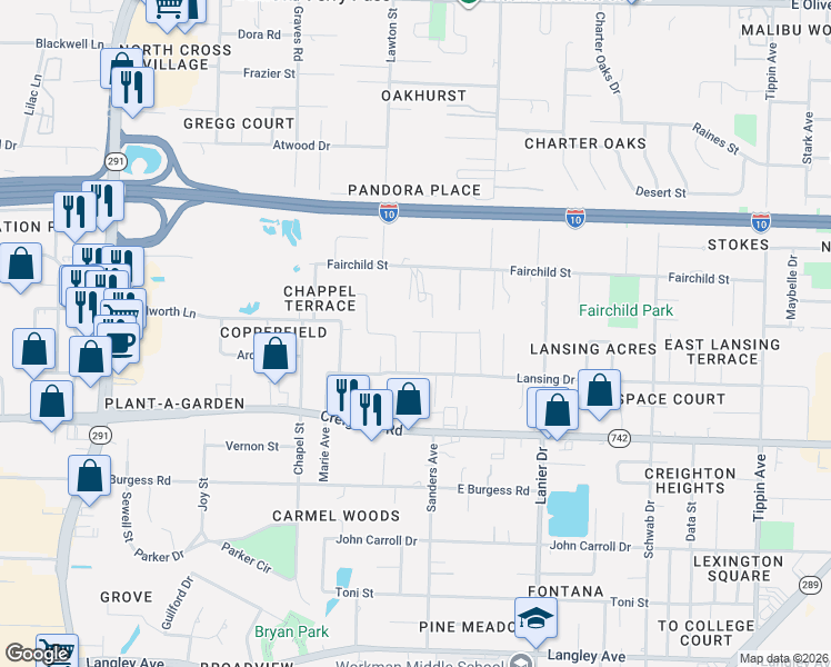 map of restaurants, bars, coffee shops, grocery stores, and more near 1490 Lansing Drive in Pensacola