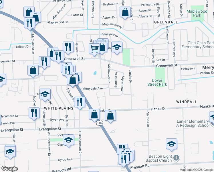 map of restaurants, bars, coffee shops, grocery stores, and more near 6675 Merrydale Avenue in Baton Rouge