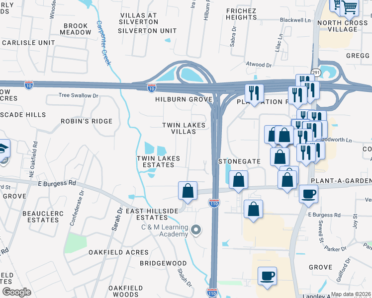 map of restaurants, bars, coffee shops, grocery stores, and more near 6075 Hilburn Road in Pensacola