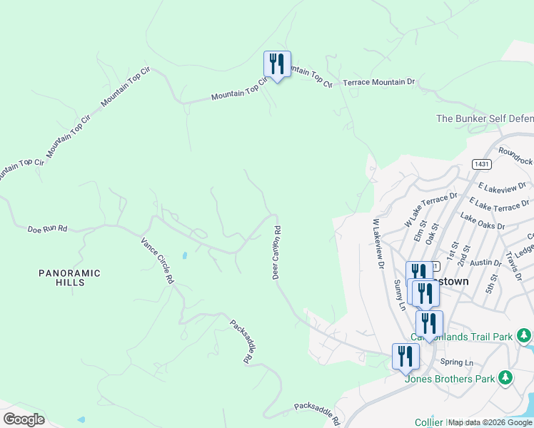 map of restaurants, bars, coffee shops, grocery stores, and more near 10702 Deer Canyon Road in Jonestown