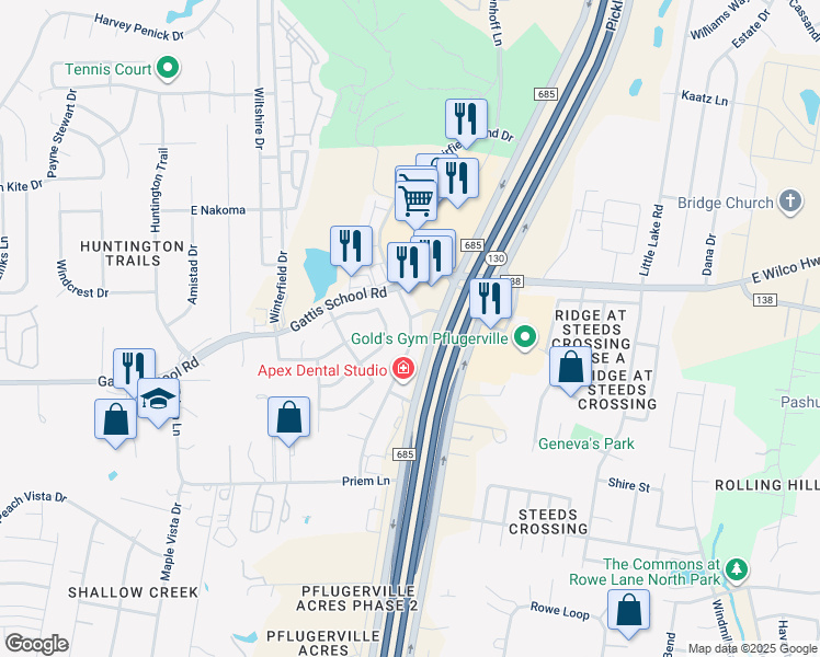 map of restaurants, bars, coffee shops, grocery stores, and more near 1508 Muirfield Bend Drive in Hutto