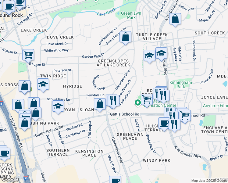 map of restaurants, bars, coffee shops, grocery stores, and more near 1109 Greenlawn Boulevard in Round Rock
