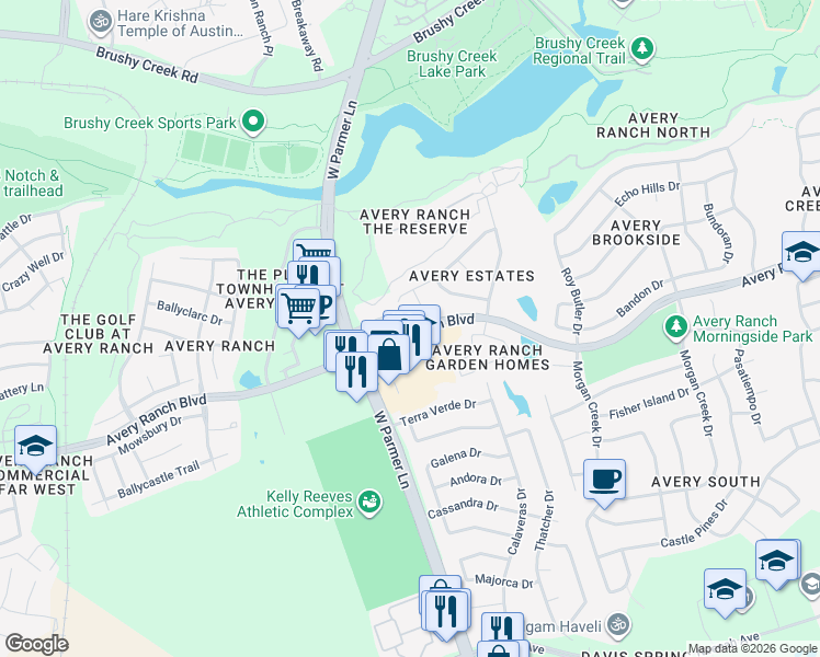 map of restaurants, bars, coffee shops, grocery stores, and more near 10200 Sunningdale Cove in Austin