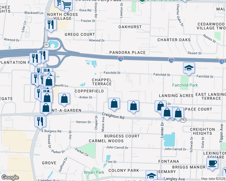 map of restaurants, bars, coffee shops, grocery stores, and more near 1300 Fairchild Street in Pensacola