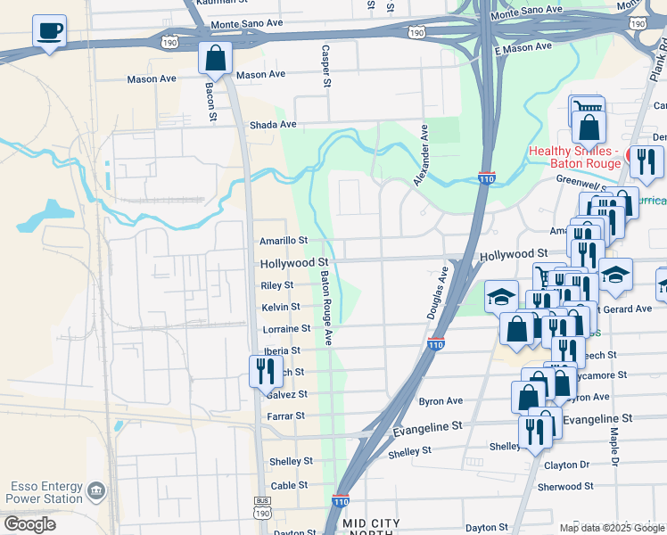 map of restaurants, bars, coffee shops, grocery stores, and more near 2506 Hollywood Street in Baton Rouge