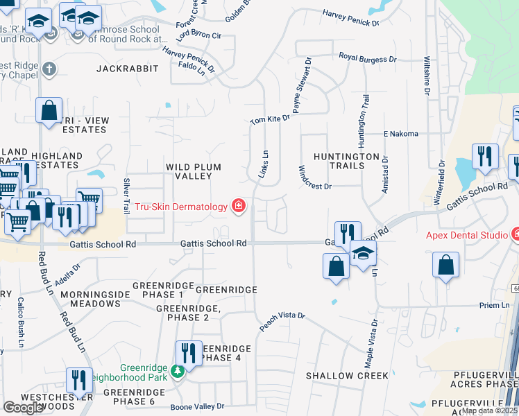 map of restaurants, bars, coffee shops, grocery stores, and more near 304 Laguna Seca Lane in Round Rock
