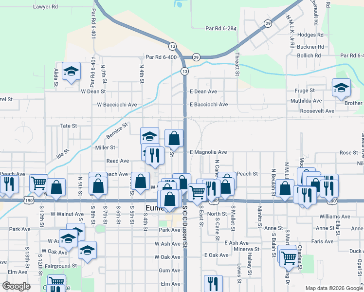 map of restaurants, bars, coffee shops, grocery stores, and more near 500-598 North C C Duson Street in Eunice