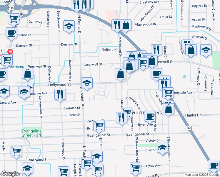 map of restaurants, bars, coffee shops, grocery stores, and more near 5222 Hollywood Street in Baton Rouge