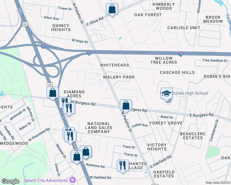 map of restaurants, bars, coffee shops, grocery stores, and more near 7296 North Palafox Street in Pensacola