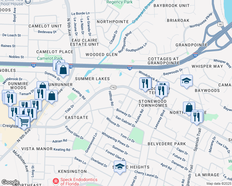 map of restaurants, bars, coffee shops, grocery stores, and more near 3826 Arbutus Drive in Pensacola