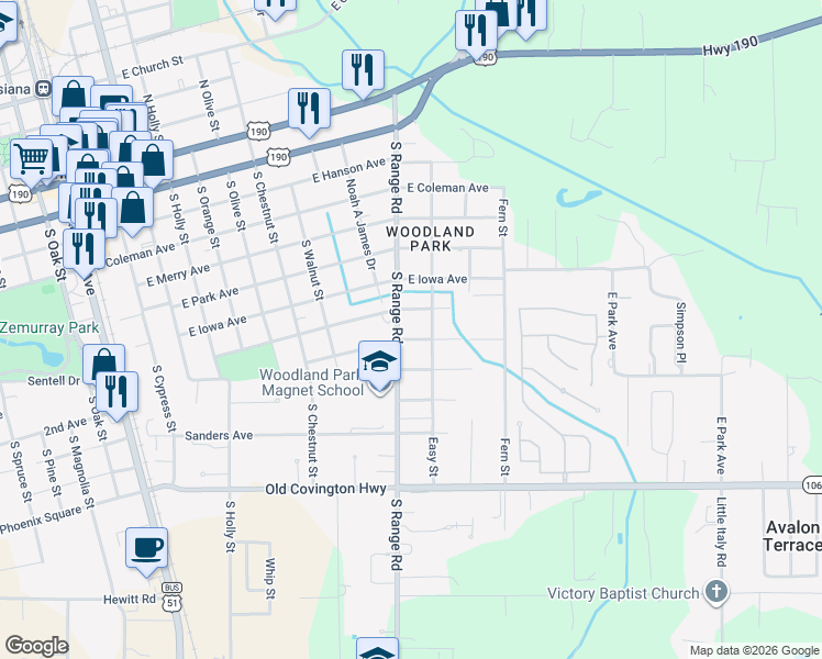 map of restaurants, bars, coffee shops, grocery stores, and more near 44210 South Range Road in Hammond