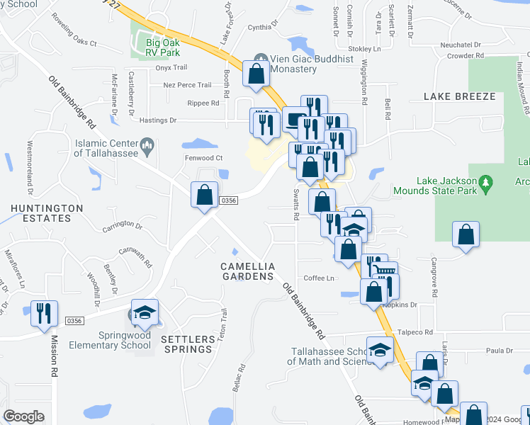 map of restaurants, bars, coffee shops, grocery stores, and more near 2226 Mandrell Court in Tallahassee